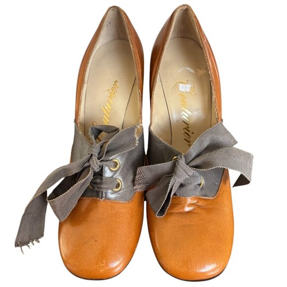 VINTAGE 90'S‎ Y2K LACE UP LEATHER COUTURIER BLOCK HEELS SZ. 7 1/2 - Picture 3 of 5